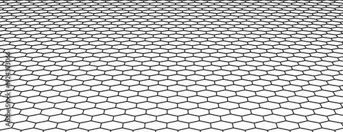 Perspective honeycomb grid with black and white hexagons, abstract geometric pattern in the form of a receding grid. Vector graphics for modern packaging, wallpaper, and branding