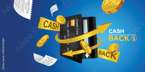 Cash back, money saving vector concept with dollar coins, wallet, arrows, credit card.Guarantee bonus program finance sticker. Online shopping, cash back sale offer emblem,Cash back service, financial