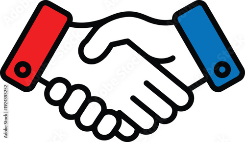 Handshake vector icon. Two hands shaking, one with a red cuff and one with a blue cuff, symbolizing agreement, partnership, and deal. Created in outline style with red and blue accents.