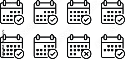 Calendar date management outline icon collection. Includes calendar with checkmark, calendar with cross, and calendar with selected dates symbols. Created in black and white outline style with