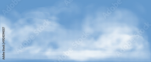 Retro sky pattern on aged paper texture with raster halftone clouds. 