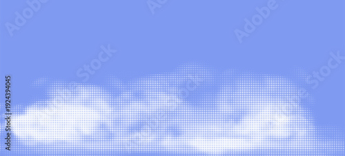 Retro sky pattern on aged paper texture with raster halftone clouds. 