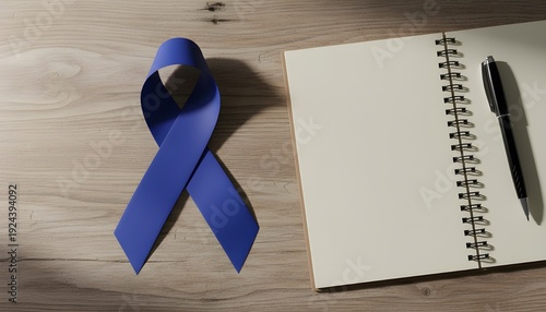 Blue awareness ribbon with notebook and pen on wooden table