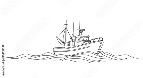 Fishing Boat Sailing on Wavy Sea Isolated on White