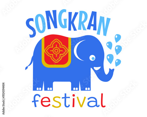 Vector logo for Songkran festival in Thailand with elephant and water drops. Songkran water festival logo.