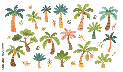 Cute palm tree illustration set. Cartoon palm tree collection. Childish safari tree Forest elements. Jungle tropical trees. Kids hand drawn nature landscape clip art. Funny baby vector illustration.