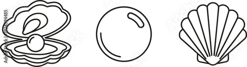 Simple line art icons of an open oyster with pearl, a pearl, and a seashell