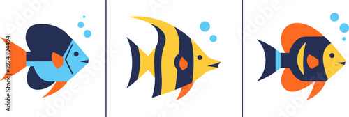 Collection of three colorful cartoon fish swimming in clear water with bubbles