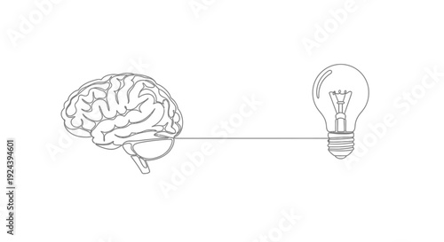 Human Brain Connected to Light Bulb Symbolizing Idea Generation, Innovation and Creativity, Line Art Illustration