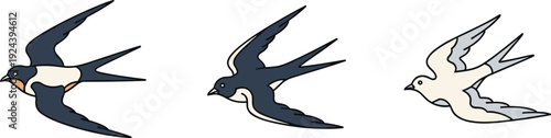 Three stylized swallows in flight, showcasing different color variations and wing positions