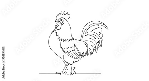 Rooster Standing on Ground Line Art Illustration