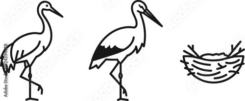 Minimalist line art of two storks and a nest on a white background