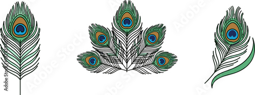 Collection of stylized peacock feathers with iconic eye patterns in green and blue hues