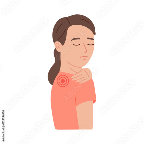 Woman experiencing shoulder pain. Concept of inflammation, joint problems, or injury in medical or healthcare context. Body ache issue. Vector