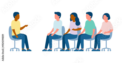 African American man speaking to diverse group of men and women in chairs. Class, meeting, or group therapy concept. Vector