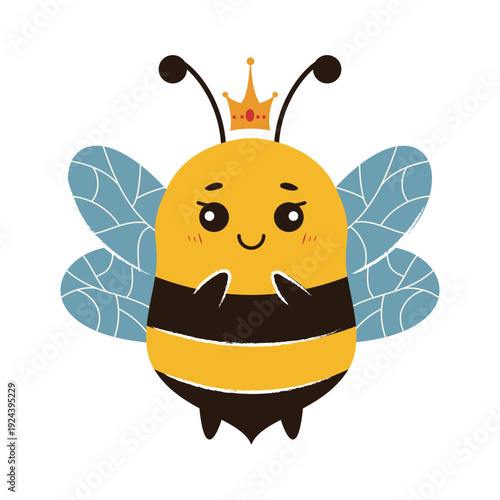 Cute bee queen cartoon flat illustration
