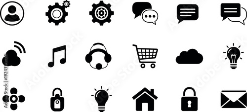 Collection of various black and white icons on a white background