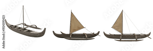 Polynesian vaka isolated on white background, traditional double-hulled canoe, Pacific island sailing vessel, ancient Polynesian watercraft, ocean navigation boat, island fleet vessel, traditional Pac
