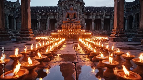 Ancient Stone Temple Courtyard Lined With Glowing Oil Lamps Leading To A Seated Buddha Statue