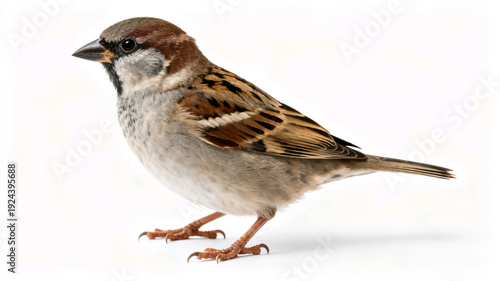 Wallpaper Mural Small house sparrow (Passer domesticus) standing isolated on white background. Common brown songbird in side profile view. Torontodigital.ca