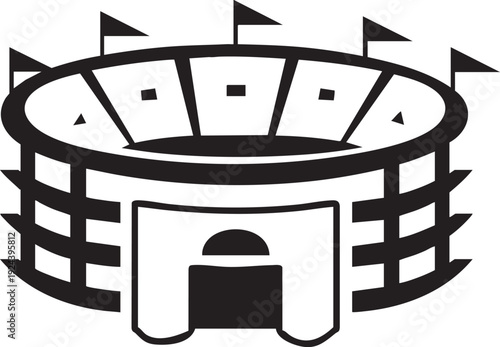Ancient amphitheater structure with circular seating and an archway entrance Vector illustration.