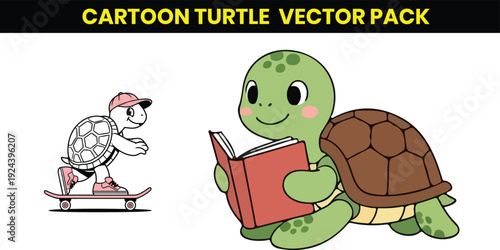 Cartoon Turtle Outline Icons Vector Pack for Coloring Book, Linear Editable Stroke Illustration