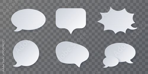 Clean modern speech bubble collection with various chat shapes and dialogue elements. Ideal for messaging apps, social media design, comic layouts, communication graphics and branding projects.