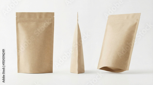 Kraft paper stand up pouch in three positions front side and angled view on bright white background with soft diffused lighting and no branding.