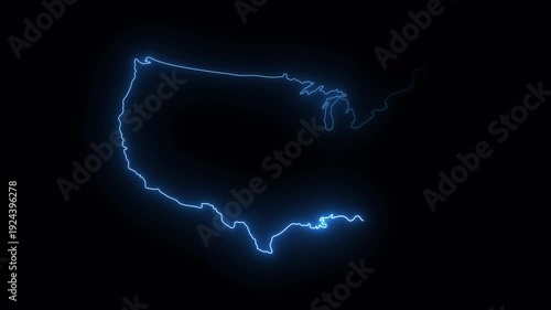 United States map outline animated with blue neon glowing laser light on black background