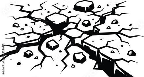 Line art close up cracked ground with jagged fissures and scattered rocks top view bold black vector illustration isolated foreground