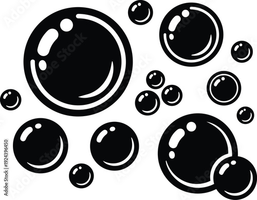 Flat design close up black bubble cluster vector art soap bubbles group on white background minimalist high contrast round icons