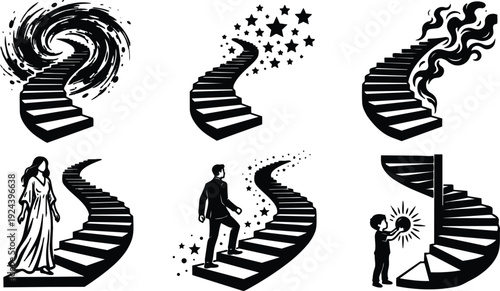 Silhouette vector spiral staircase ascending to star portal with walking man woman and child stencil art angle perspective dramatic mystical
