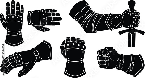 Flat design medieval gauntlet set showing armored hands gripping sword multiple angles close up front side fist
