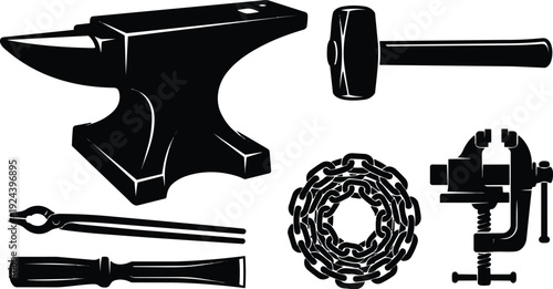 Flat silhouette blacksmith tools anvil hammer tongs chisel chain vise close up top view studio lighting stark shadows minimal art