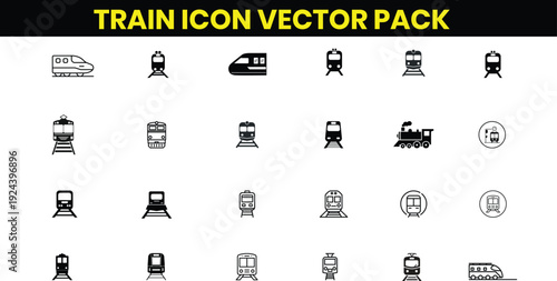 Train Icon Vector Pack – Set of Linear Outline Icons, Editable Stroke, Transport and Railway Symbols, Vector Illustration