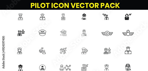 Pilot Icon Vector Pack – Set of Linear Outline Icons, Editable Stroke, Aviation Symbols, Vector Illustration Collection
