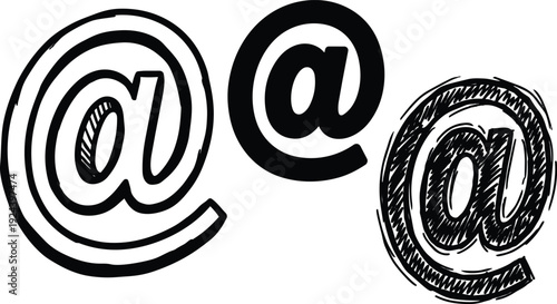 Hand drawn sketch at signs trio close up vector symbols for email communication bold black lines high contrast isolated minimal