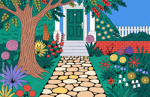 Stone path leading to house entrance framed by lush foliage and large tree inviting garden scene natural light serene residential setting