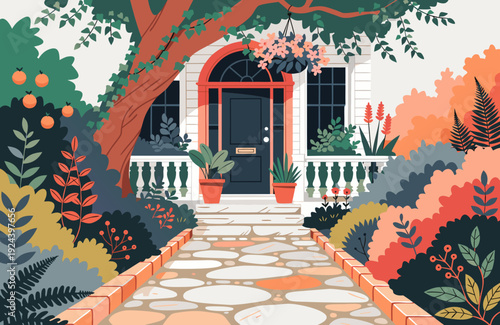 Stone path leading to house entrance framed by lush foliage and large tree inviting garden scene natural light serene residential setting