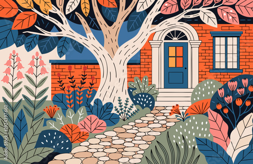 Stone path leading to house entrance framed by lush foliage and large tree inviting garden scene natural light serene residential setting