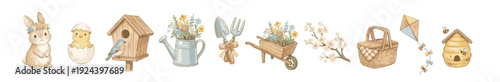 Fotografie Watercolor spring garden set with bunny, chick, birdhouse, tools and blooms