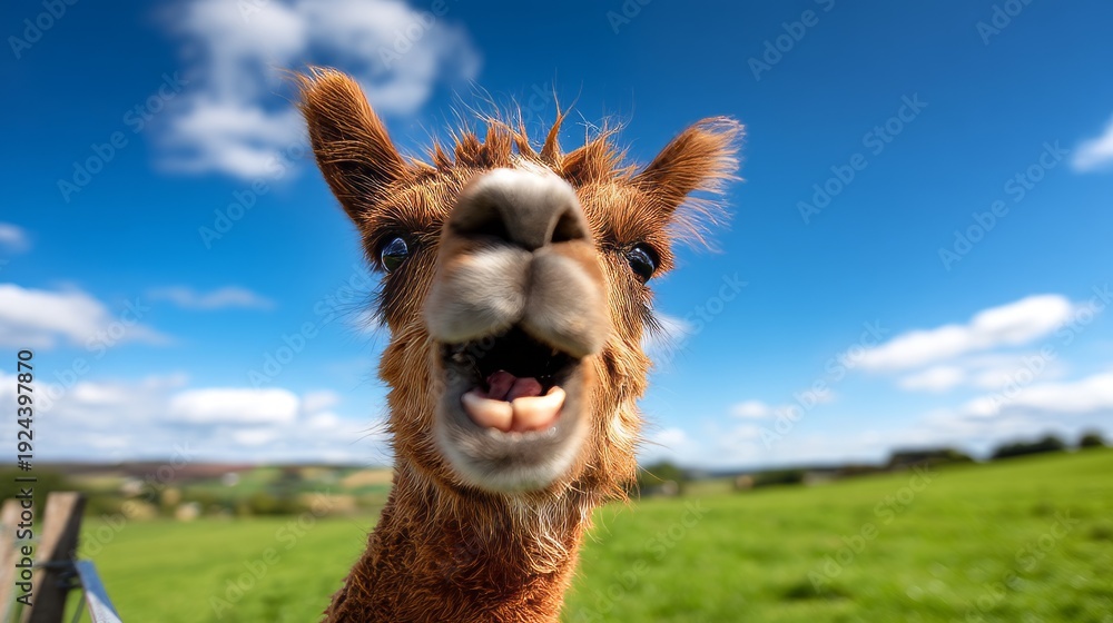 Obraz premium Cute Animal Laughing in Scenic Grassland Captured in Selfie Style