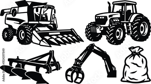Vector art side view combine harvester and tractor with plow and grapple and sack shown in bold black silhouette style