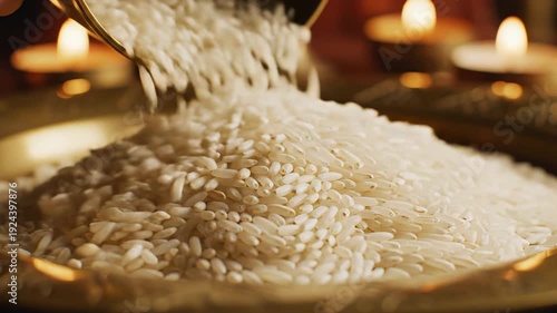 Close Up Of White Rice Pouring Into Golden Bowl With Flickering Candles In Background
