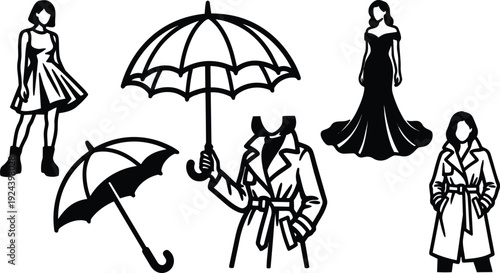 Line art fashion vector with umbrellas trench coat and feminine silhouettes in black minimalist flat style studio isolated front view