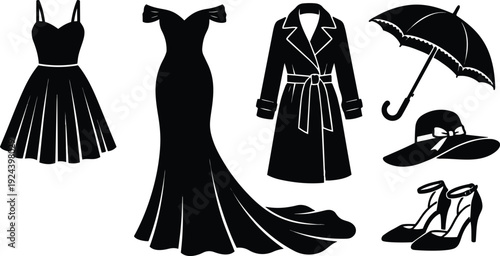 Flat silhouette vintage fashion set with evening gown trench coat wide brim hat umbrella and high heels elegant front view