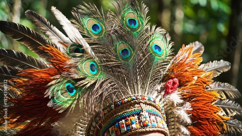 Close up Portrait Of Indigenous Person Wearing Elaborate Feather Headdress with Peacock Feathers in Forest Sunlight