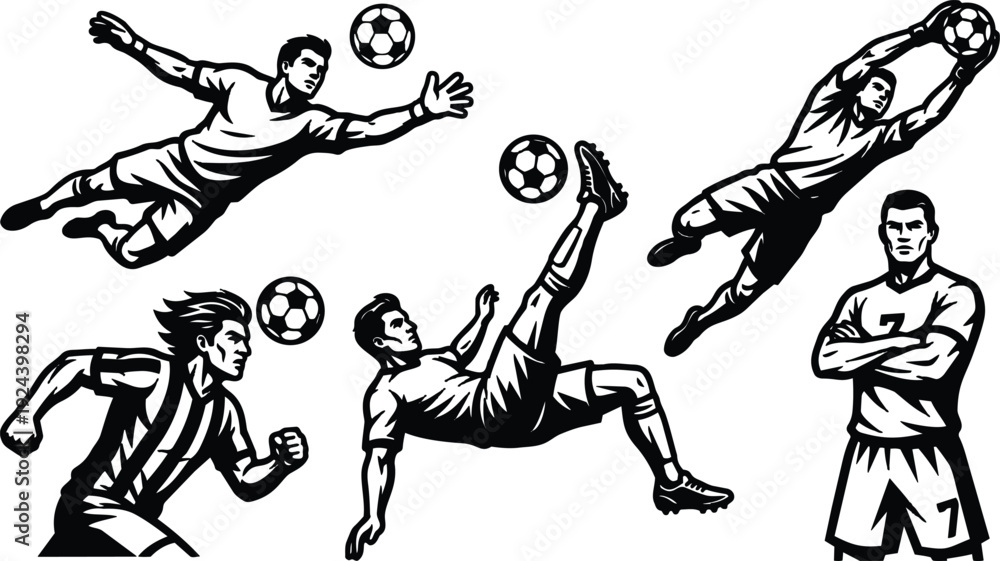 Fototapeta premium Vintage line art soccer player action set showing diving goalkeeper bicycle kick running striker standing captain bold close up dynamic