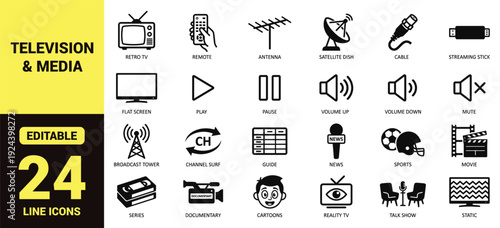 Television and media icon set with retro TV, remote, antenna, satellite dish, cable, streaming stick, flat screen, broadcast tower, movie, sports, series, cartoons, and essential television ranking