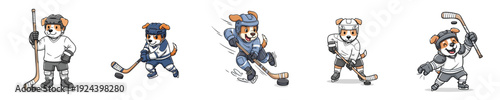 Ice Hockey Action Cute Dog Characters Playing Stick Sport Vector Collection